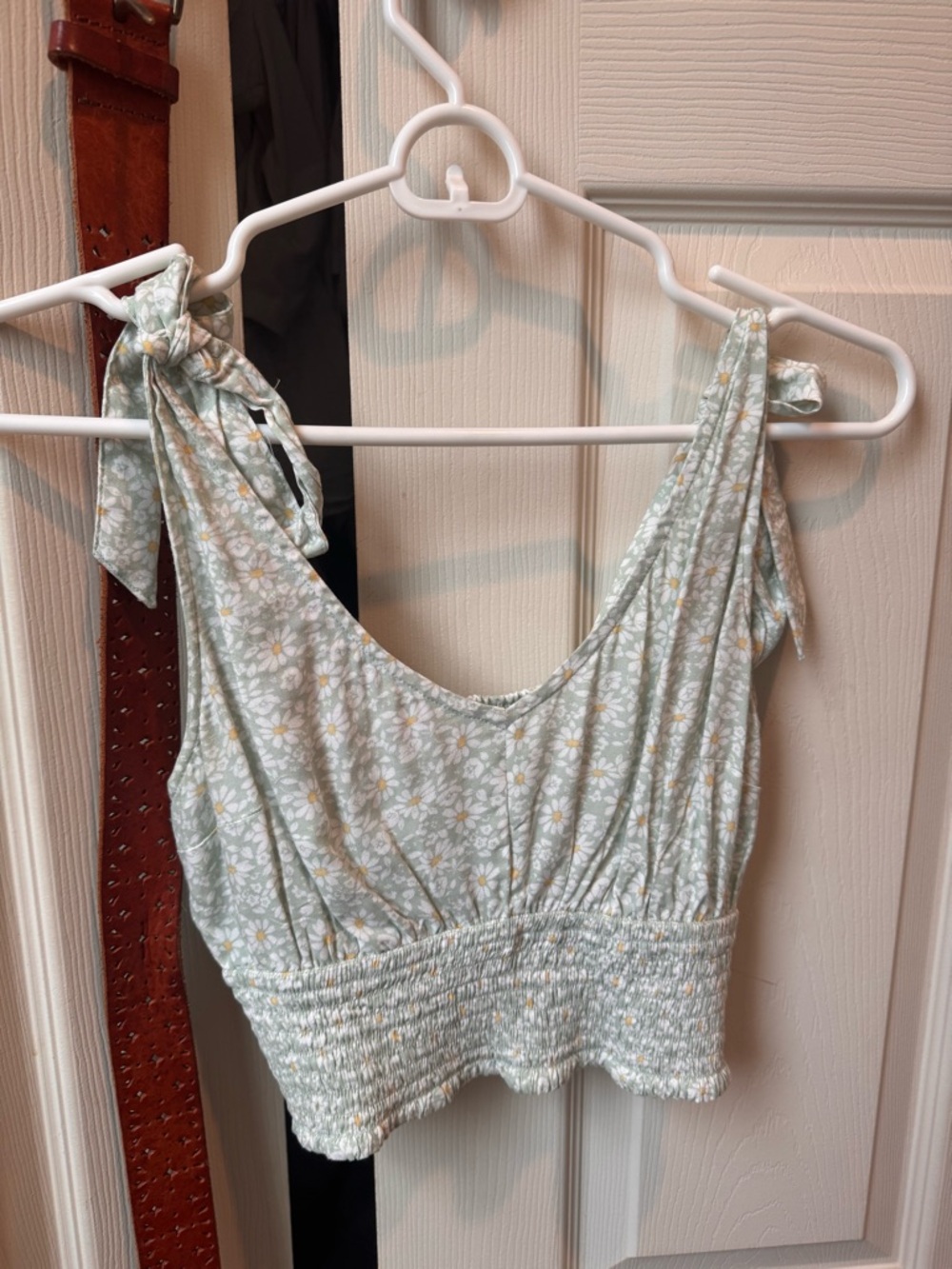 Hollister Sage Floral Tie-Shoulder Smocked Crop Top